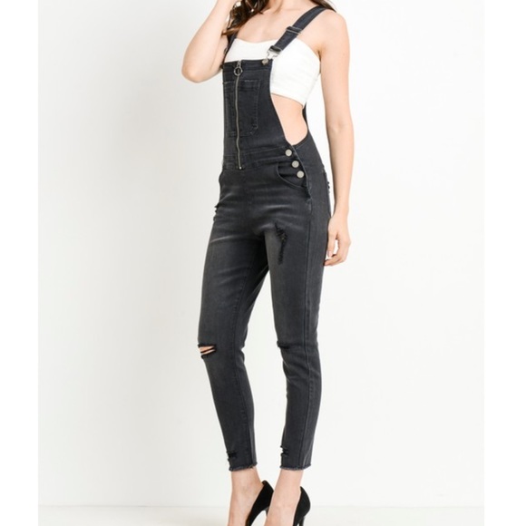 🆕DARK GREY-BLACK Stretchy Ripped Knee Distressed Zip Front Denim Overalls NWT - Picture 1 of 11